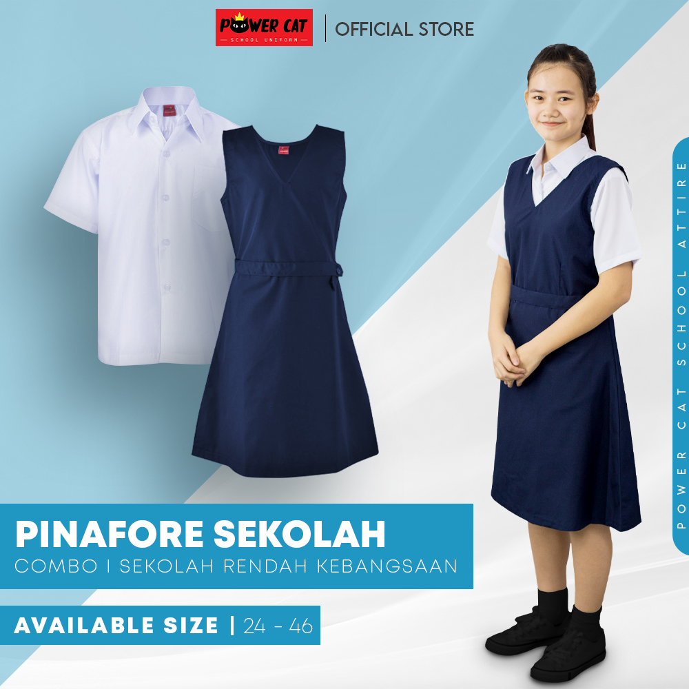 POWER CAT School Uniform Primary Pinafore- Size : 24-46 + White Shirt Cotton Short Sleeve-Size : 13-4XL | Sepasang Sekolah Rendah Pinafore - Image 1
