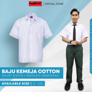 POWER CAT Sekolah Uniform White School Shirt Short Sleeve Cotton | Size: 13-4XL | Kemeja Putih Nila Cotton Lengan Pendek
