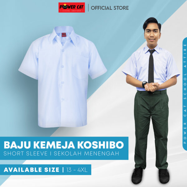 POWER CAT Sekolah Uniform White School Shirt Short Sleeve Koshibo| Size: 13-4XL | Kemeja Putih Nila Licin Lengan Pendek