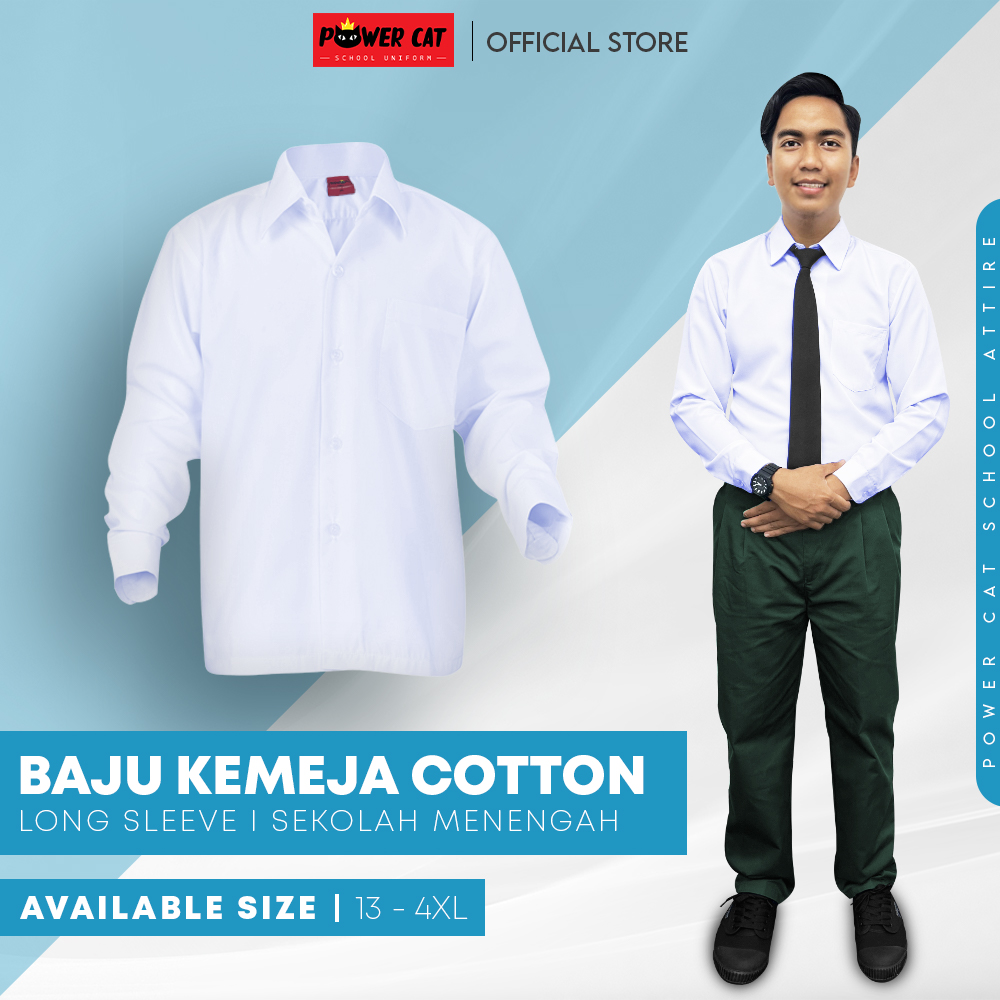 POWER CAT Sekolah Uniform White School Shirt Long Sleeve Cotton | Size: 13-4XL | Kemeja Putih Nila Cotton Lengan Panjang - Image 1