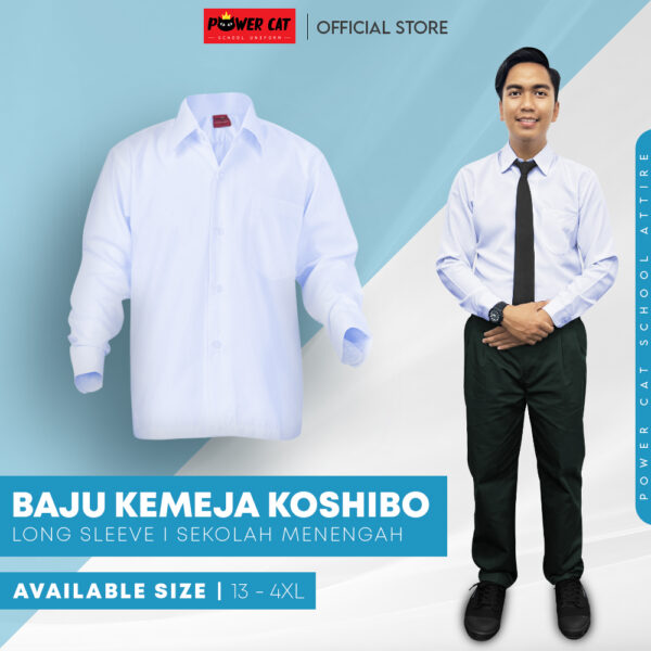 POWER CAT Sekolah Uniform White School Shirt Long Sleeve Koshibo| Size: 13-4XL | Kemeja Putih Nila Licin Lengan Panjang