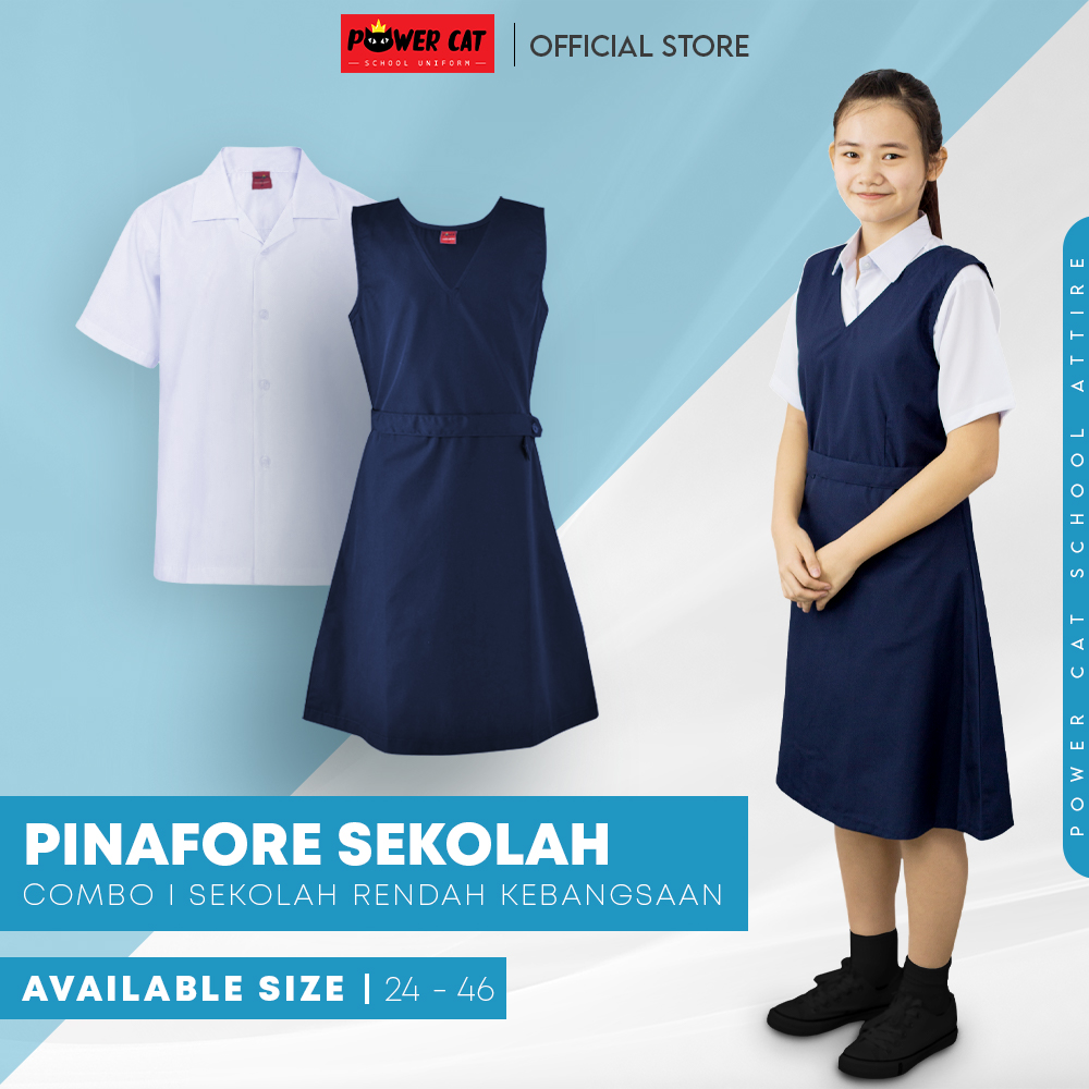 POWER CAT Sepasang Sekolah Rendah Cina Pinafore Biru Gelap SRK | Size : 24-46 | School Uniform Primary Pinafore Set - Image 1
