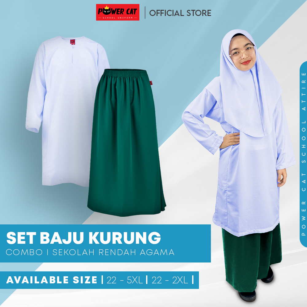 POWER CAT Sepasang Baju Kurung Biasa Koshibo Putih Nila + Kain Kurung Hijau Agama | Size : 22-2XL | Primary School Set | Set Baju Sekolah Agama - Image 1
