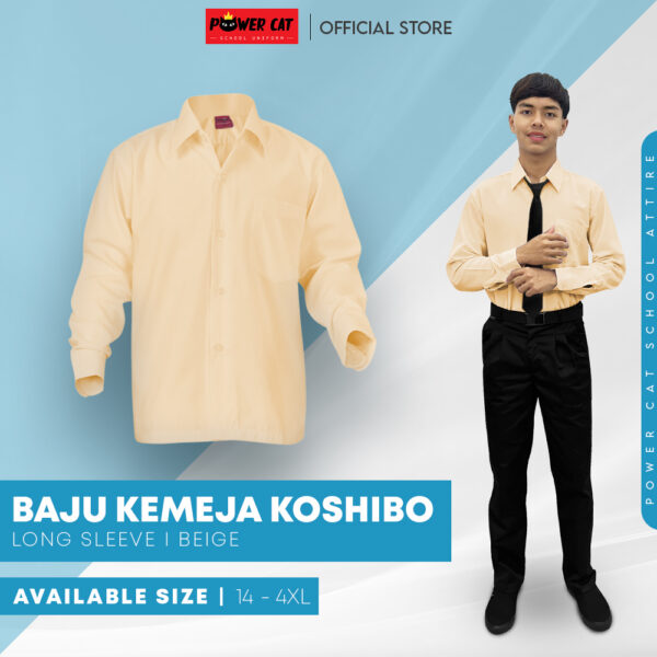 POWER CAT School Uniform Shirt Long Sleeve Koshibo Beige | Size :14-4XL | Kemeja Sekolah Licin Lengan Panjang Krim