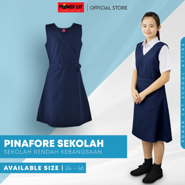 POWER CAT School Uniform Primary Pinafore- Size : 24-46 + White Shirt Cotton Short Sleeve-Size : 13-4XL | Sepasang Sekolah Rendah Pinafore