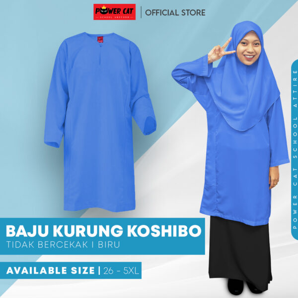 POWER CAT Baju Kurung Biasa Licin Biru | Size: 26-5XL | School Uniform Baju Kurung Normal Koshibo Blue