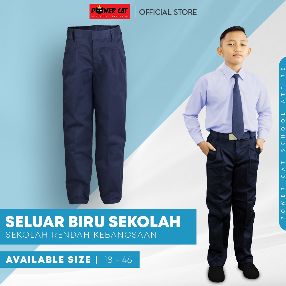 POWER CAT Seluar Panjang Biru Gelap SRK Cotton | Size 18-42 | School Primary Navy Blue Long Pants - Image 1