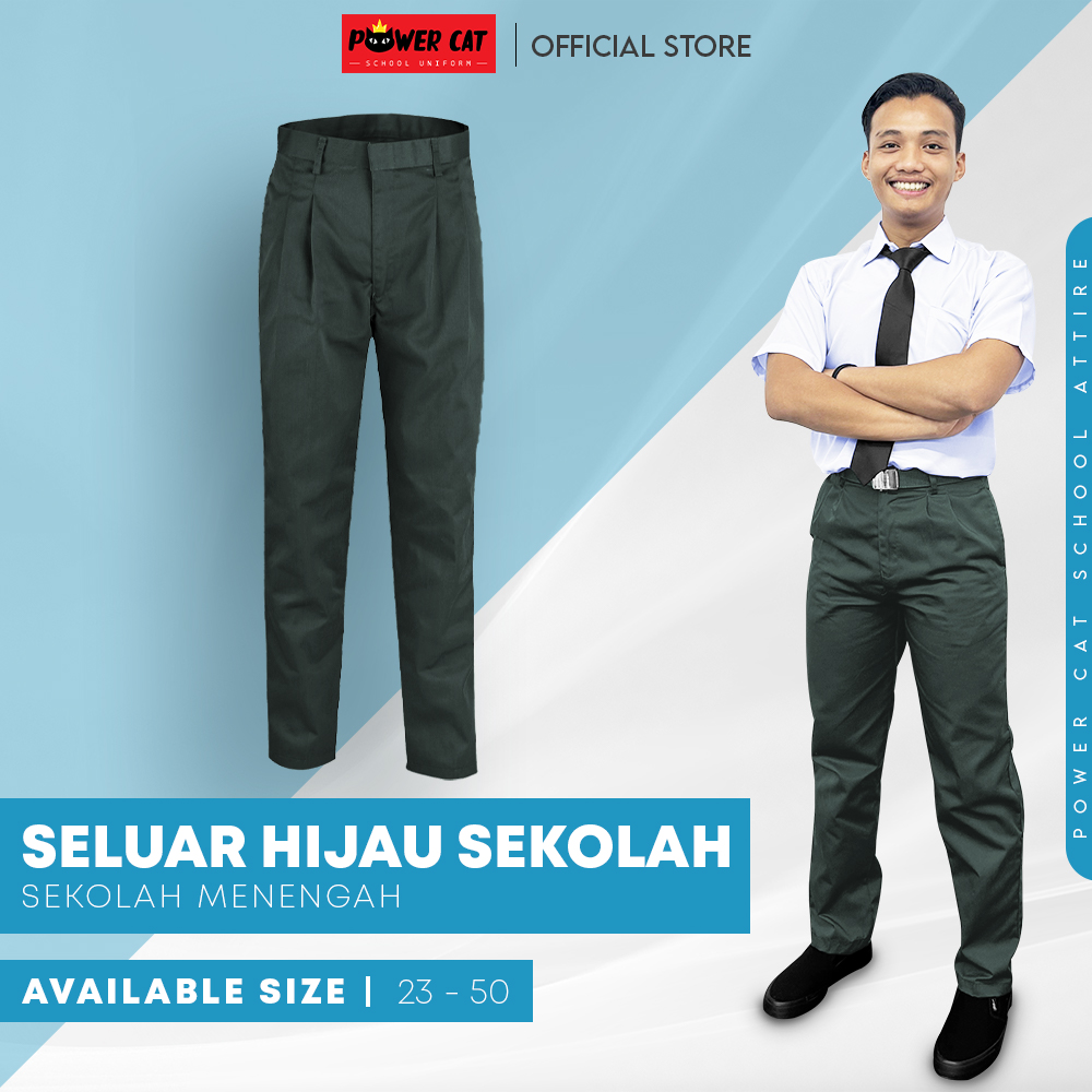 POWER CAT Seluar Panjang Sekolah Hijau SMK Cotton | Size : 23-52 | School Uniform Secondary Green Long Pants - Image 1
