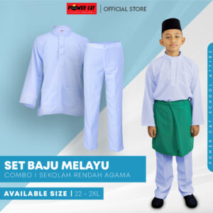 POWER CAT Sepasang Baju Melayu Putih Nila Koshibo Sekolah Agama | Size : 22-3XL | Kain Lembut Set Muslim School Uniform | Baju Melayu Lelaki Agama Exclusive