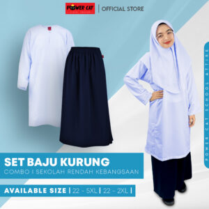 POWER CAT Sepasang Baju Kurung Biasa Koshibo Putih Nila + Kain Kurung SRK / Size : 22-2XL / Set Baju Sekolah Rendah / Primary School