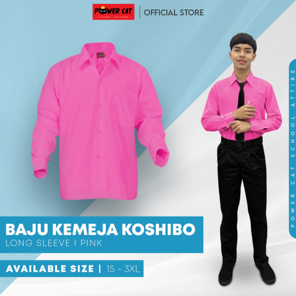 POWER CAT School Uniform Shirt Long Sleeve Koshibo Pink | Size : 14-4XL | Kemeja Sekolah Lengan Panjang Merah Jambu