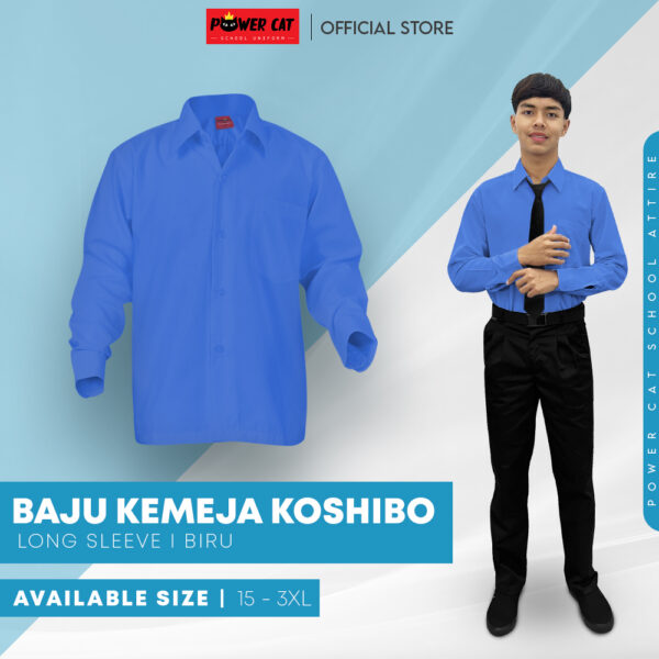 POWER CAT School Uniform Shirt Long Sleeve Koshibo Blue | Size :14-4XL | Kemeja Sekolah Licin Lengan Panjang Biru