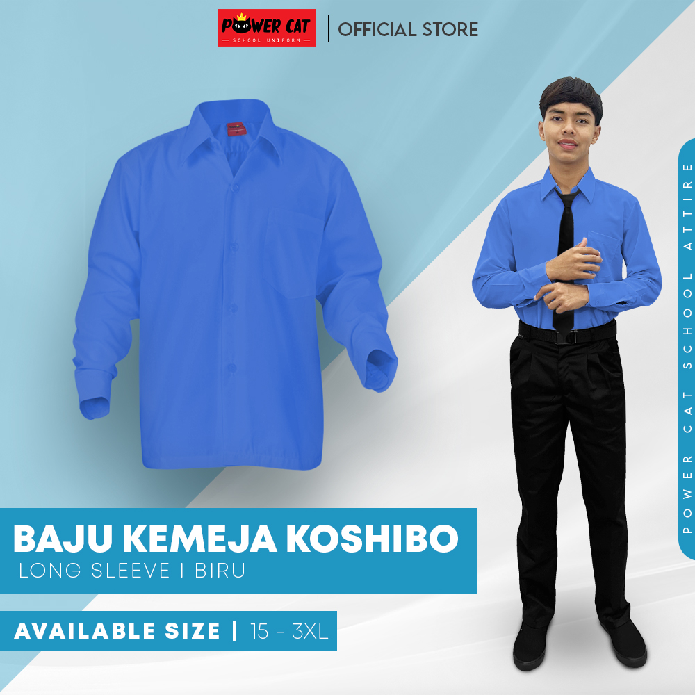 POWER CAT School Uniform Shirt Long Sleeve Koshibo Blue | Size :14-4XL | Kemeja Sekolah Licin Lengan Panjang Biru - Image 1