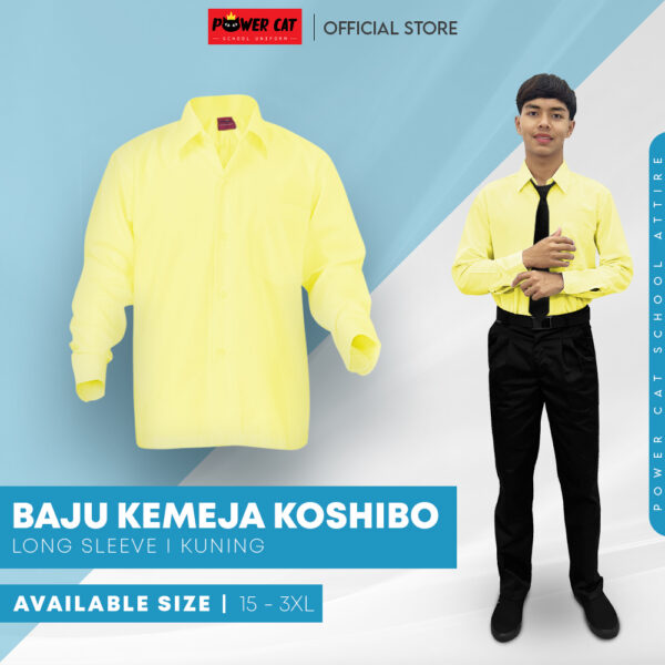 POWER CAT School Uniform Shirt Long Sleeve Koshibo Yellow | Size :14-4XL | Kemeja Sekolah Licin Lengan Panjang Kuning