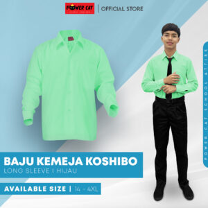POWER CAT School Uniform Shirt Long Sleeve Koshibo Green| Size :14-4XL | Kemeja Sekolah Licin Lengan Panjang Hijau Muda