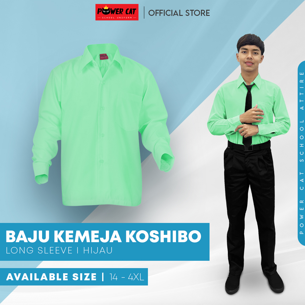 POWER CAT School Uniform Shirt Long Sleeve Koshibo Green| Size :14-4XL | Kemeja Sekolah Licin Lengan Panjang Hijau Muda - Image 1