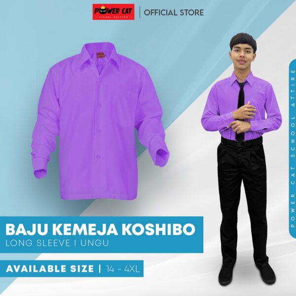 POWER CAT School Uniform Shirt Long Sleeve Koshibo Purple | Size :14-4XL | Kemeja Sekolah Licin Lengan Panjang Ungu
