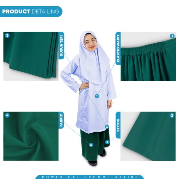 POWER CAT Sepasang Baju Kurung Biasa Koshibo Putih Nila + Kain Kurung Hijau Agama | Size : 22-2XL | Primary School Set | Set Baju Sekolah Agama
