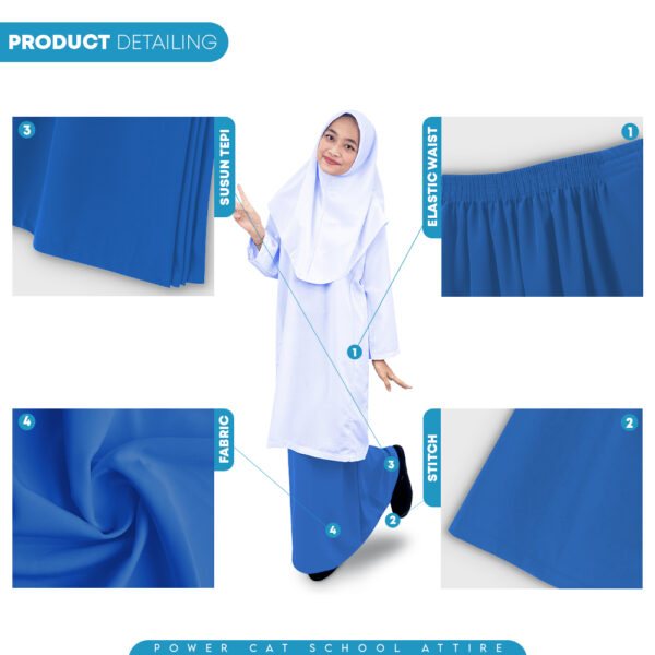 POWER CAT Sepasang Baju Kurung Biasa Koshibo Putih Nila + Kain Kurung Koshibo Biru SMK | Size : XS-5XL | Sekolah Menengah | Set Secondary School
