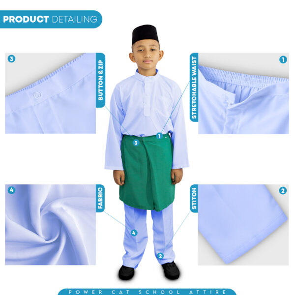 POWER CAT Sepasang Baju Melayu Putih Nila Koshibo Sekolah Agama | Size : 22-3XL | Kain Lembut Set Muslim School Uniform | Baju Melayu Lelaki Agama Exclusive