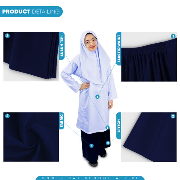 POWER CAT Sepasang Baju Kurung Biasa Koshibo Putih Nila + Kain Kurung SRK / Size : 22-2XL / Set Baju Sekolah Rendah / Primary School