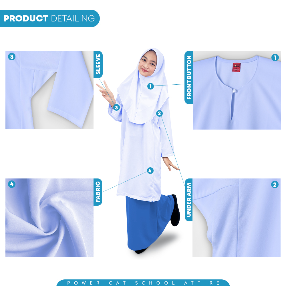POWER CAT Sepasang Baju Kurung Biasa Koshibo Putih Nila + Kain Kurung Hijau Agama | Size : 22-2XL | Primary School Set | Set Baju Sekolah Agama - Image 6