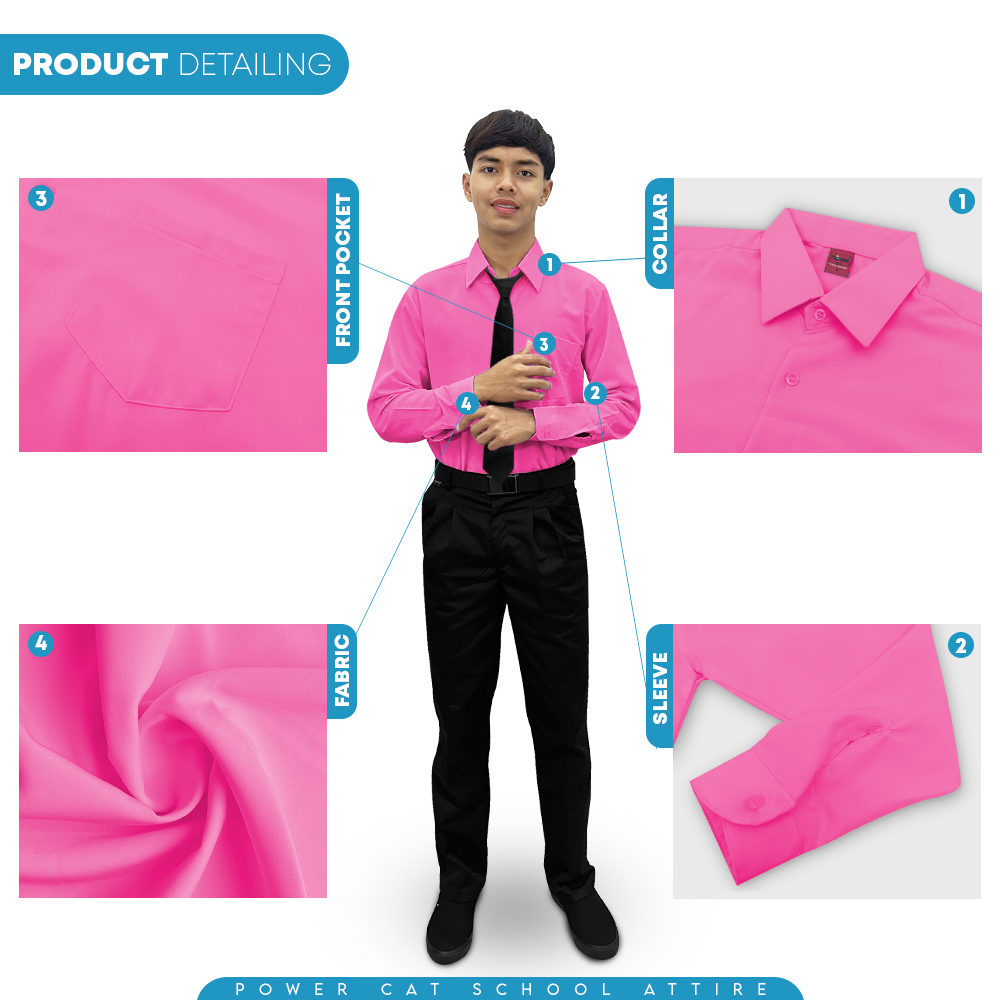 POWER CAT School Uniform Shirt Long Sleeve Koshibo Pink | Size : 14-4XL | Kemeja Sekolah Lengan Panjang Merah Jambu - Image 5