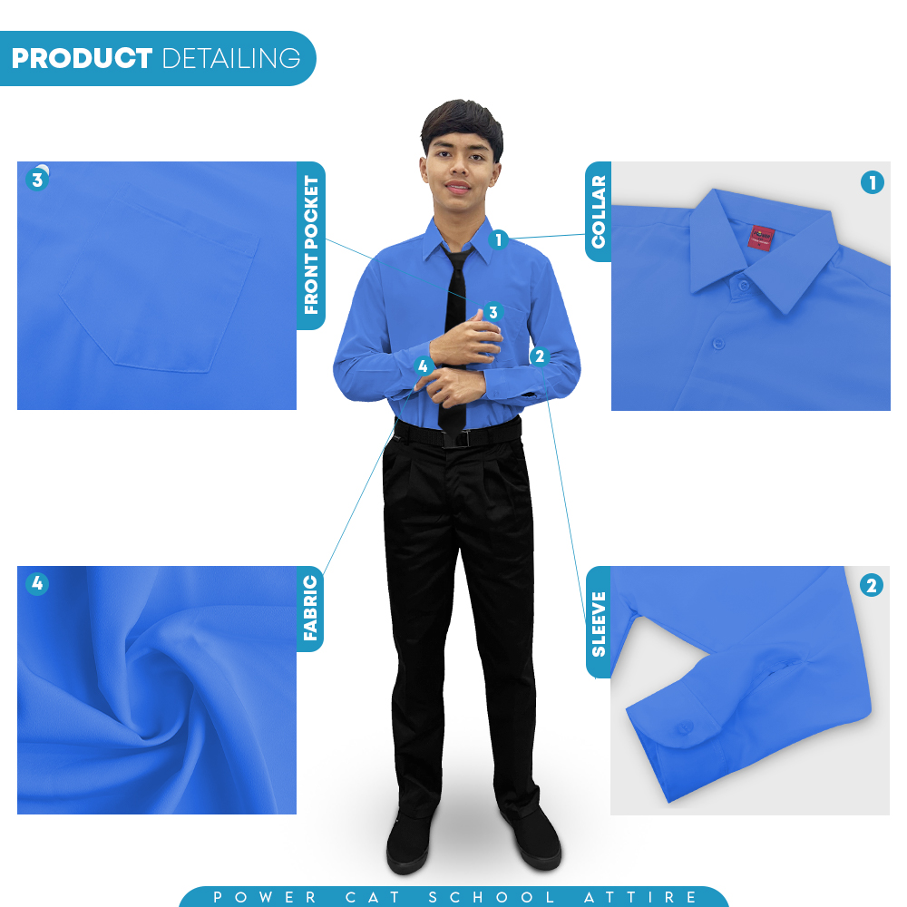 POWER CAT School Uniform Shirt Long Sleeve Koshibo Blue | Size :14-4XL | Kemeja Sekolah Licin Lengan Panjang Biru - Image 5