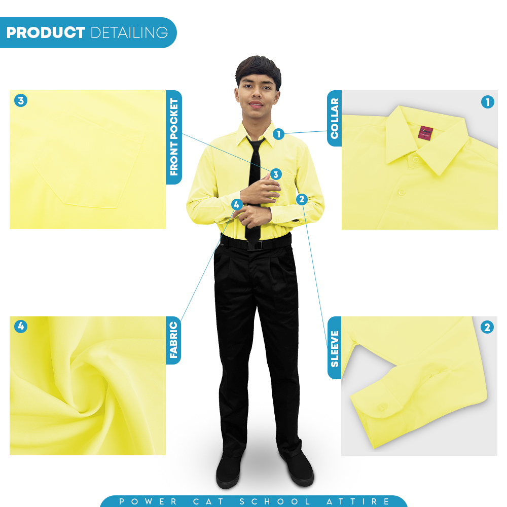 POWER CAT School Uniform Shirt Long Sleeve Koshibo Yellow | Size :14-4XL | Kemeja Sekolah Licin Lengan Panjang Kuning - Image 5