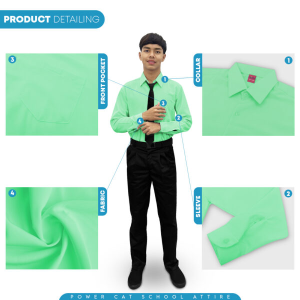 POWER CAT School Uniform Shirt Long Sleeve Koshibo Green| Size :14-4XL | Kemeja Sekolah Licin Lengan Panjang Hijau Muda