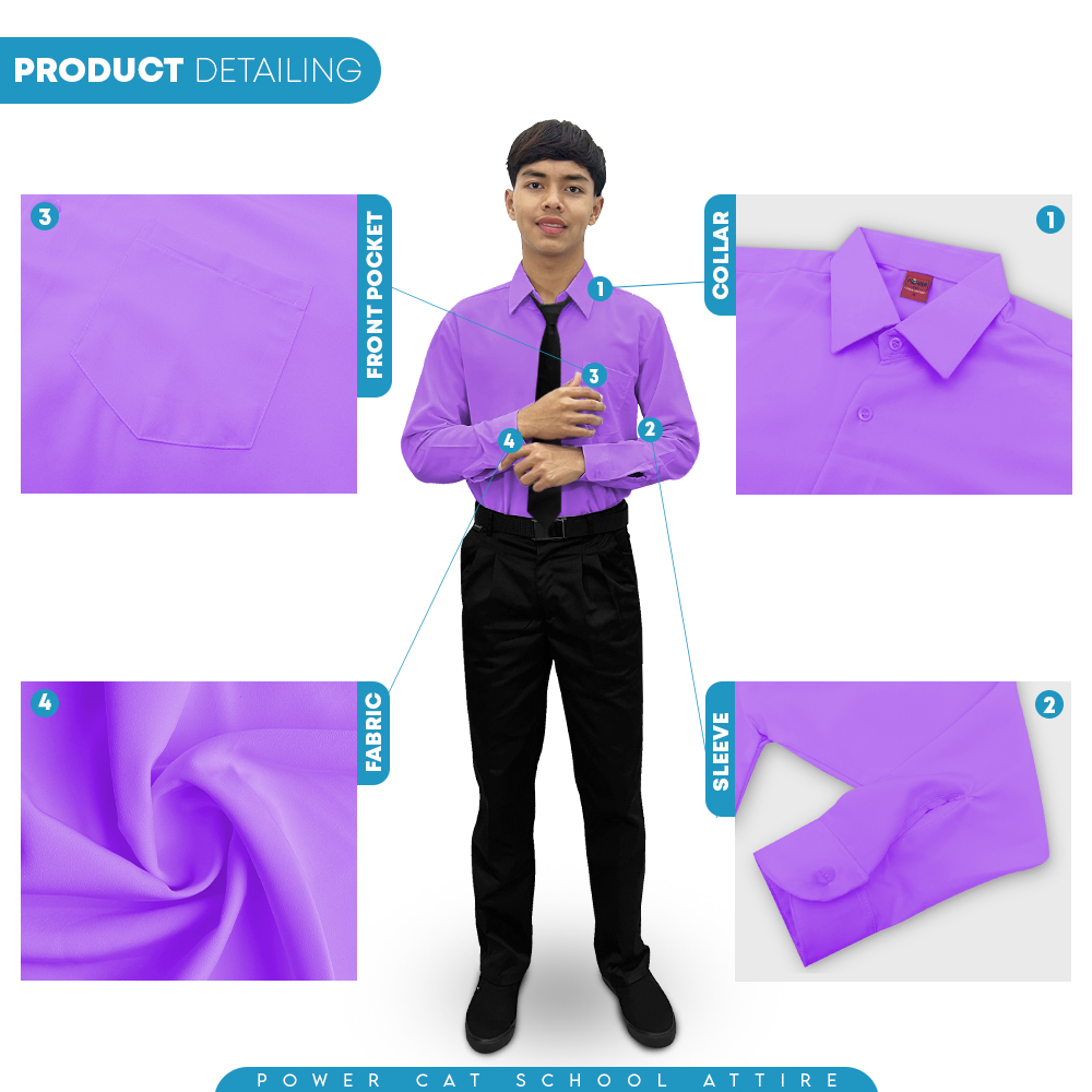 POWER CAT School Uniform Shirt Long Sleeve Koshibo Purple | Size :14-4XL | Kemeja Sekolah Licin Lengan Panjang Ungu - Image 5
