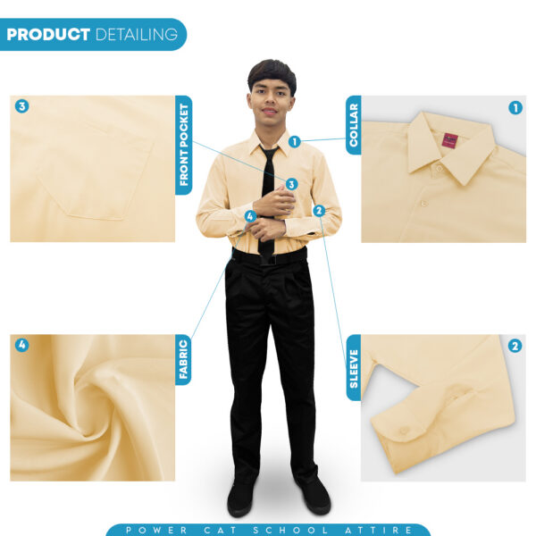 POWER CAT School Uniform Shirt Long Sleeve Koshibo Beige | Size :14-4XL | Kemeja Sekolah Licin Lengan Panjang Krim