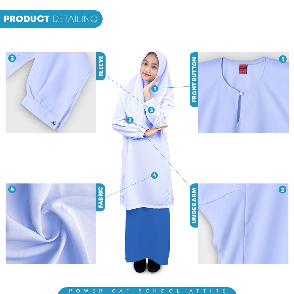 POWER CAT Baju Kurung Cekak Putih Nila Licin | Size: 22-5XL | School Uniform Baju Kurung Koshibo | White | Cekak - Image 6