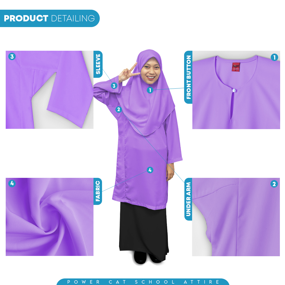 POWER CAT Baju Kurung Biasa Licin Ungu | Size: 26-5XL | School Uniform Baju Kurung Normal Koshibo Purple - Image 5