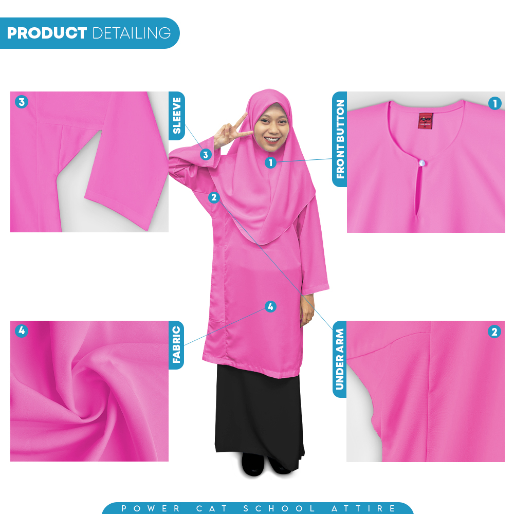 POWER CAT Baju Kurung Biasa Licin Merah Jambu | Size: 26-5XL | School Uniform Baju Kurung Normal Koshibo Pink - Image 5