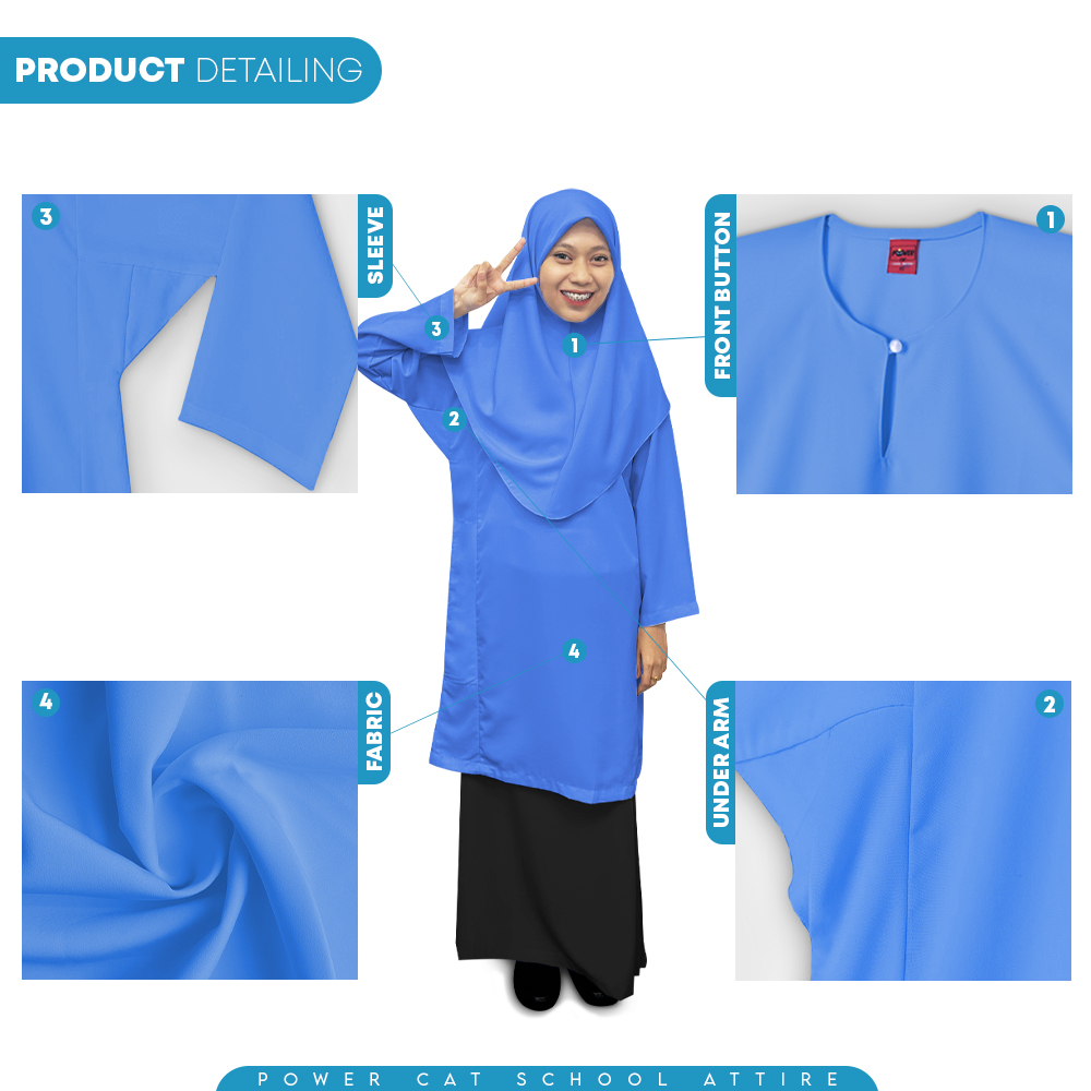 POWER CAT Baju Kurung Biasa Licin Biru | Size: 26-5XL | School Uniform Baju Kurung Normal Koshibo Blue - Image 5