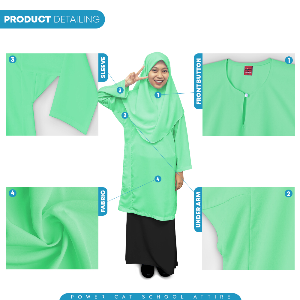 POWER CAT Baju Kurung Biasa Licin Hijau Muda | Size: 26-5XL | School Uniform Baju Kurung Normal Koshibo Green - Image 5