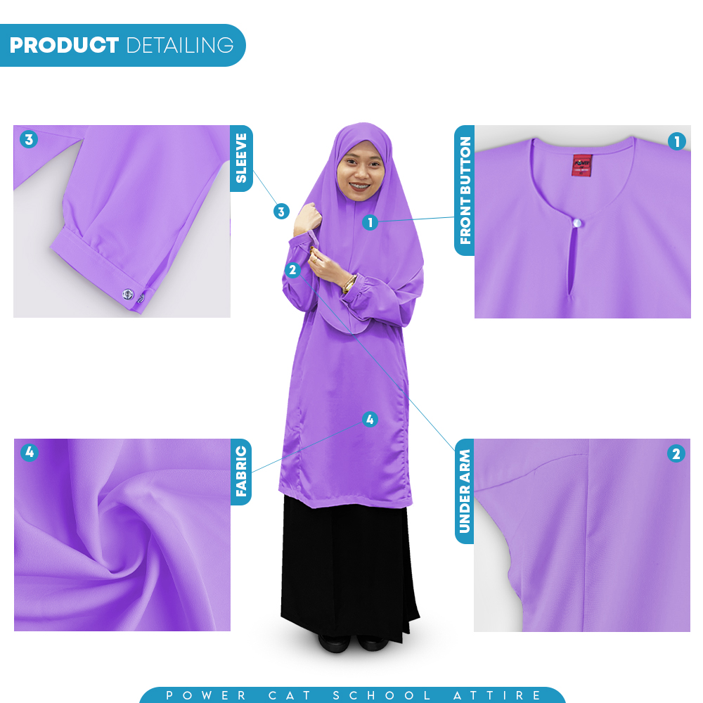 POWER CAT Baju Kurung Cekak Licin Ungu | Size: 26-5XL | School Uniform Baju Kurung Cekak Koshibo Purple - Image 5