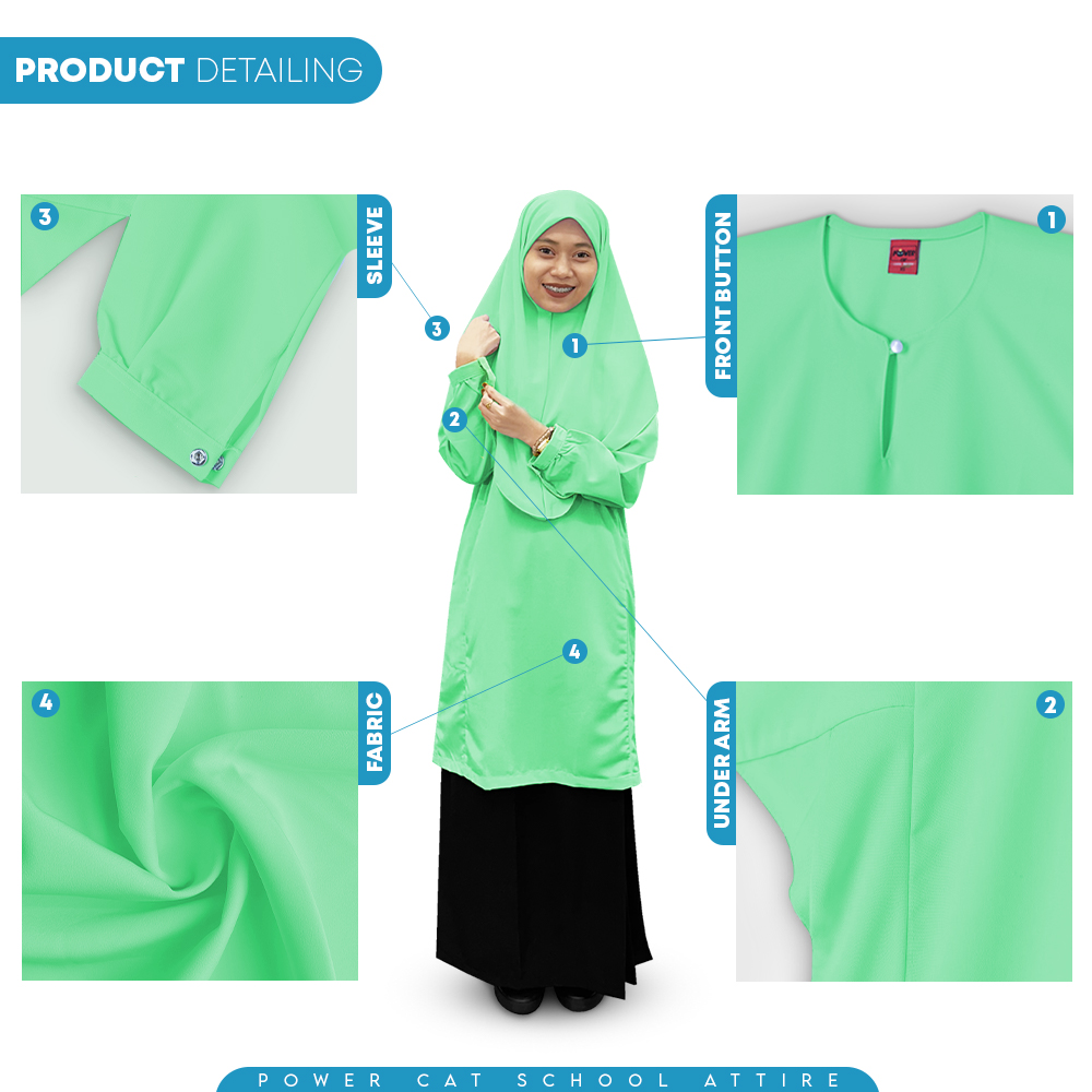 POWER CAT Baju Kurung Cekak Licin Hijau Muda | Size: 26-5XL | School Uniform Baju Kurung Cekak Koshibo Green - Image 5