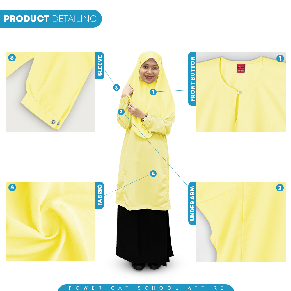 POWER CAT Baju Kurung Cekak Licin Kuning | Size: 26-5XL | School Uniform Baju Kurung Cekak Koshibo Yellow - Image 5