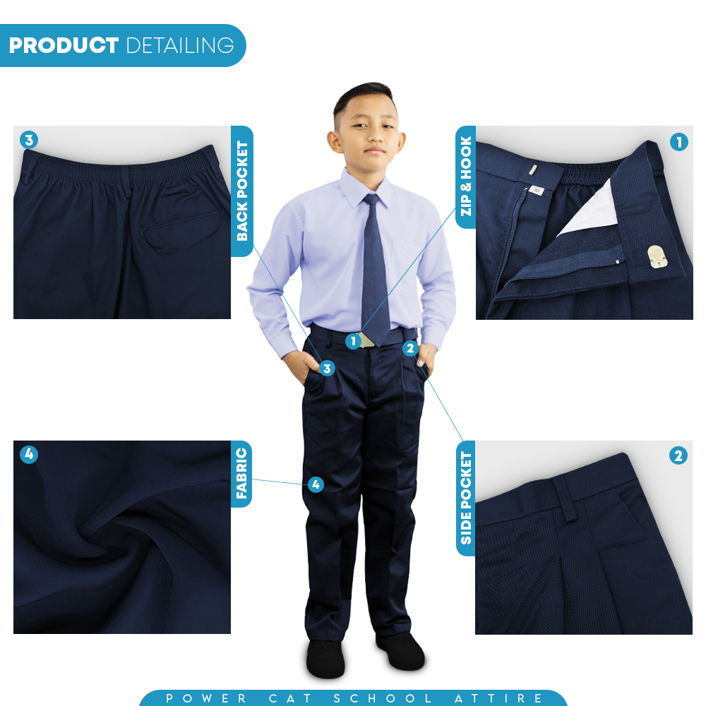 POWER CAT Seluar Panjang Biru Gelap SRK Cotton | Size 18-42 | School Primary Navy Blue Long Pants - Image 5
