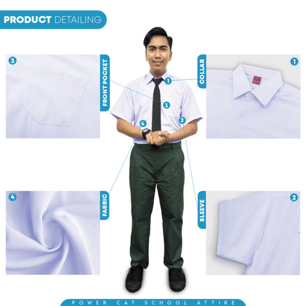 POWER CAT Sekolah Uniform White School Shirt Short Sleeve Cotton | Size: 13-4XL | Kemeja Putih Nila Cotton Lengan Pendek