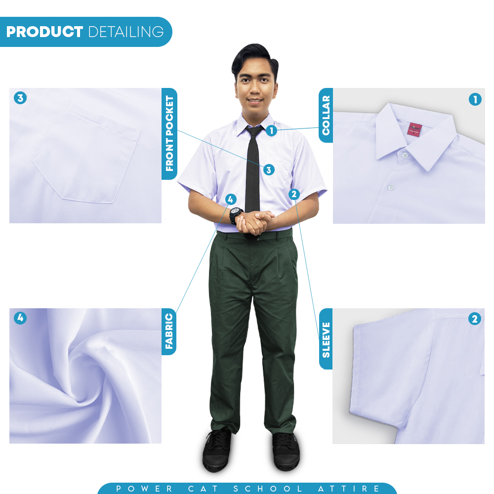 POWER CAT Sekolah Uniform White School Shirt Short Sleeve Cotton | Size: 13-4XL | Kemeja Putih Nila Cotton Lengan Pendek - Image 5