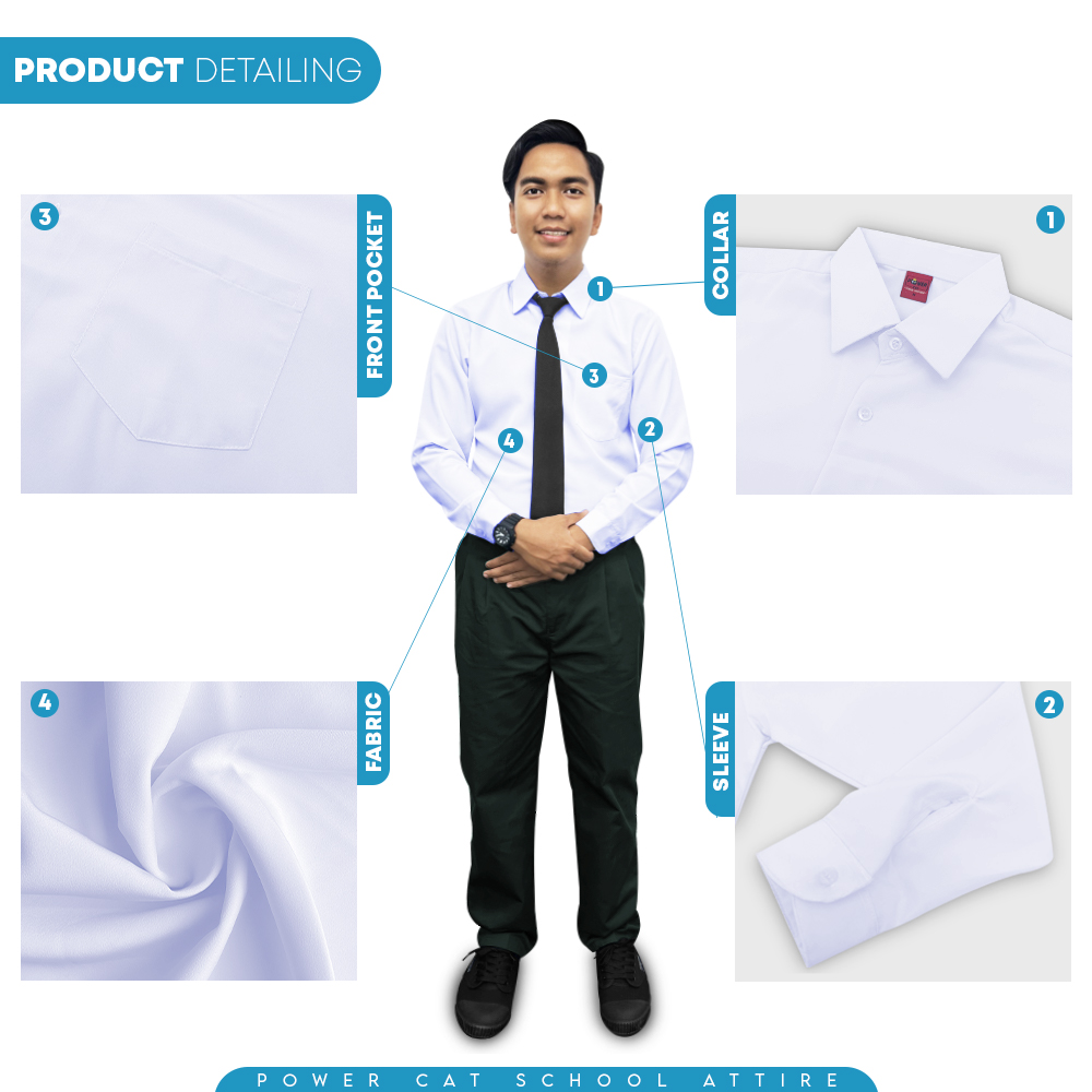 POWER CAT Sekolah Uniform White School Shirt Long Sleeve Cotton | Size: 13-4XL | Kemeja Putih Nila Cotton Lengan Panjang - Image 5
