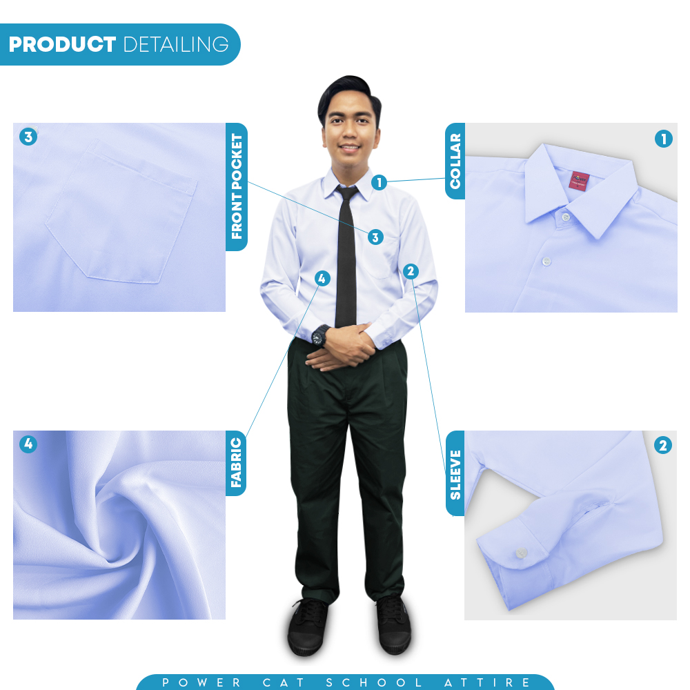 POWER CAT Sekolah Uniform White School Shirt Long Sleeve Koshibo| Size: 13-4XL | Kemeja Putih Nila Licin Lengan Panjang - Image 5