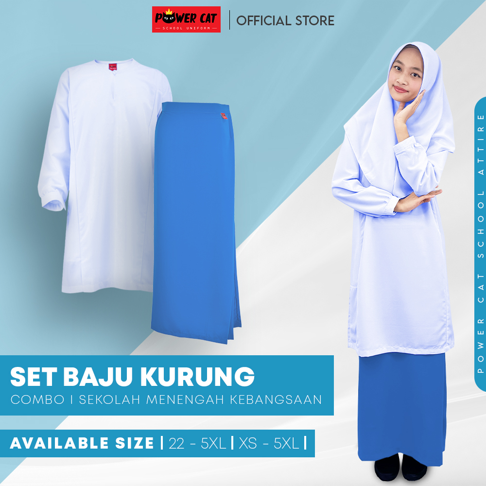 POWER CAT Sepasang Baju Kurung Cakak Koshibo Putih Nila + Kain Kurung Koshibo Biru SMK | Size : XS-5XL | Sekolah Menengah | Set Secondary School