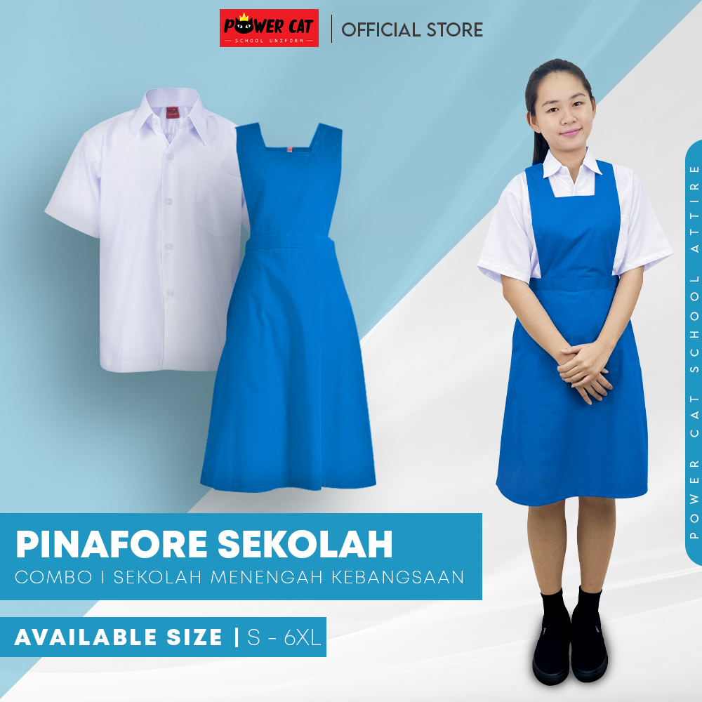 POWER CAT School Uniform Secondary Pinafore - Size : S-6XL + White Shirt Cotton Short Sleeve-Size : 13-4XL | Sepasang Sekolah Menengah Pinafore
