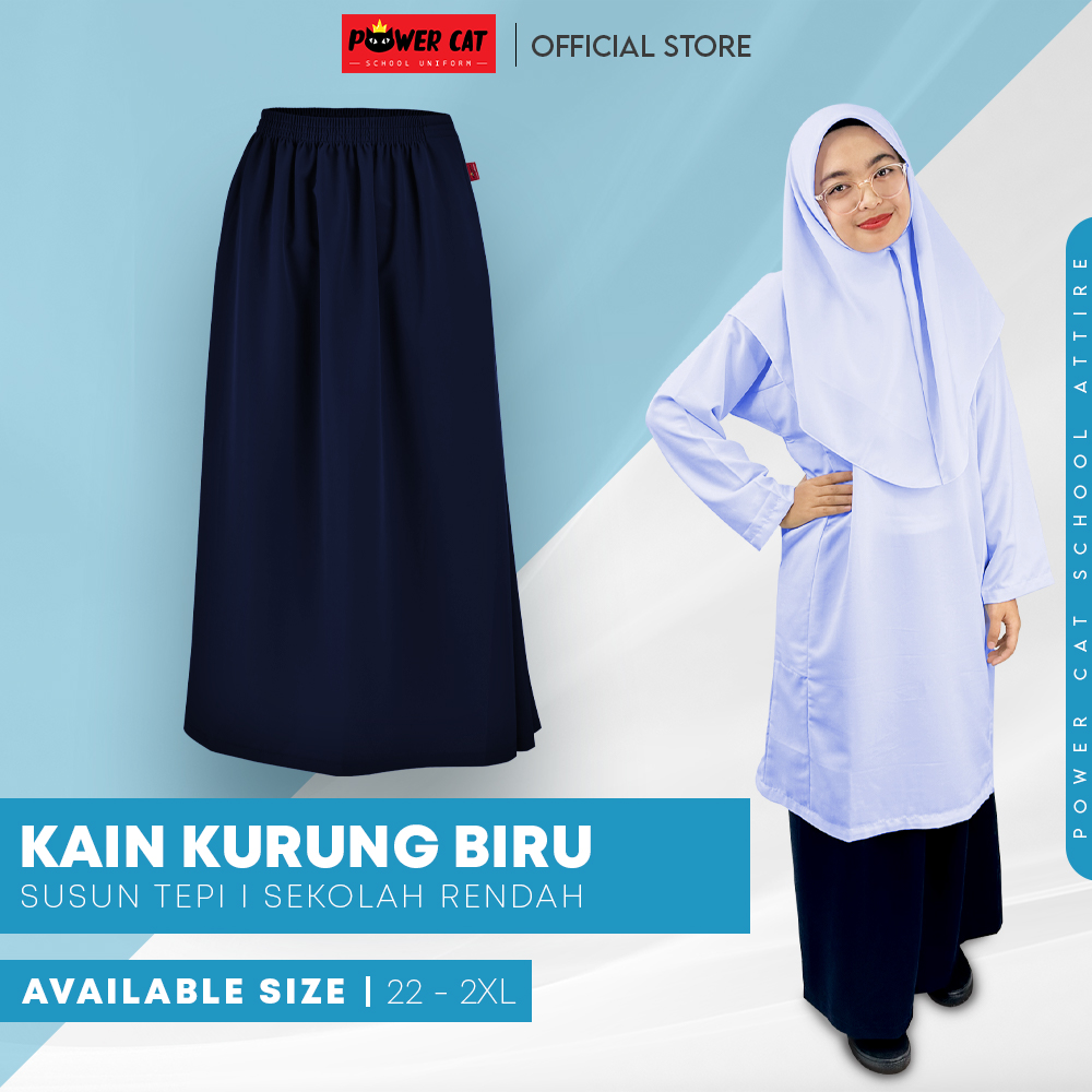 POWER CAT Kain Kurung Sekolah Biru Gelap SRK Licin | Size 22-2XL | Navy Blue School Uniform Kurung Skirt Koshibo SRK - Image 1