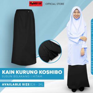 POWER CAT Kain Kurung Sekolah Hitam Koshibo Susun Belakang | Size 28-3XL | Black School Uniform Kurung Skirt with Zip
