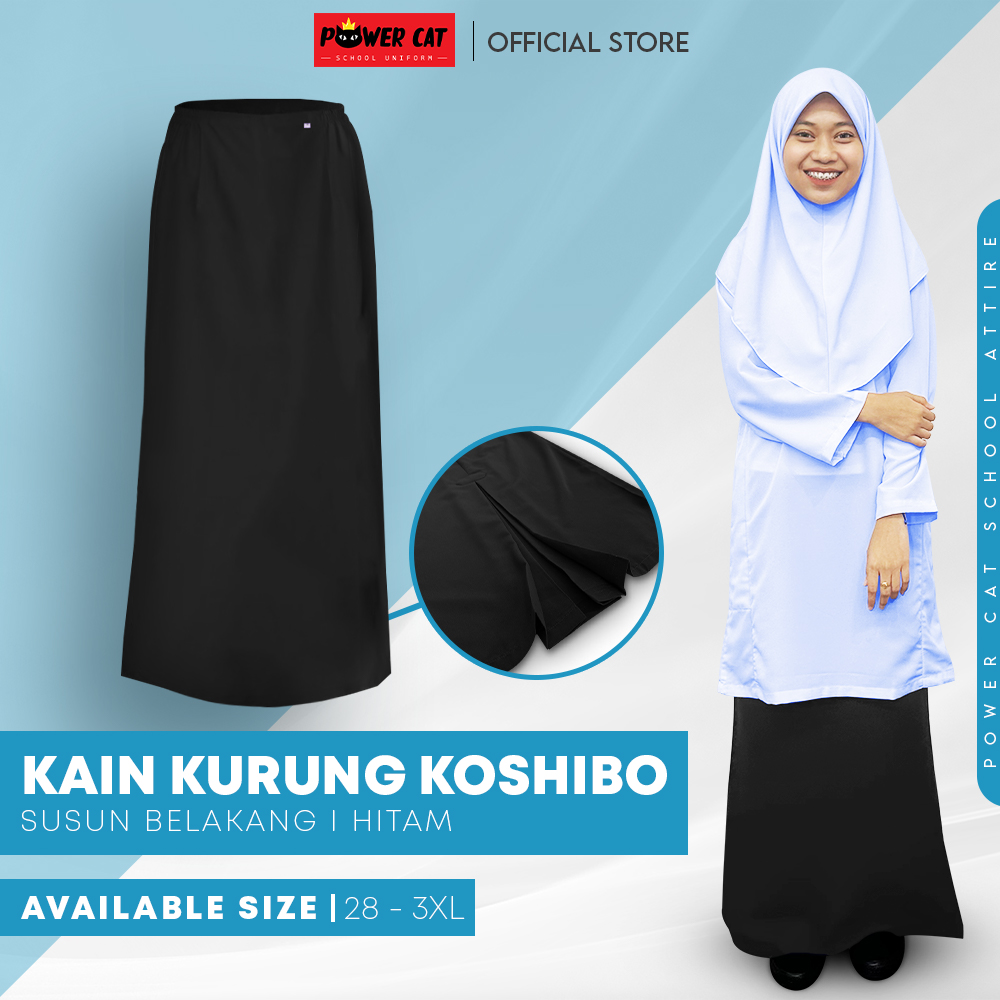 POWER CAT Kain Kurung Sekolah Hitam Koshibo Susun Belakang | Size 28-3XL | Black School Uniform Kurung Skirt with Zip - Image 1